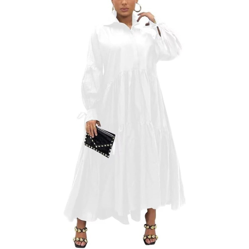 Women's Maxi Shirt Dress Long Sleeve Button Down Casual Office Party